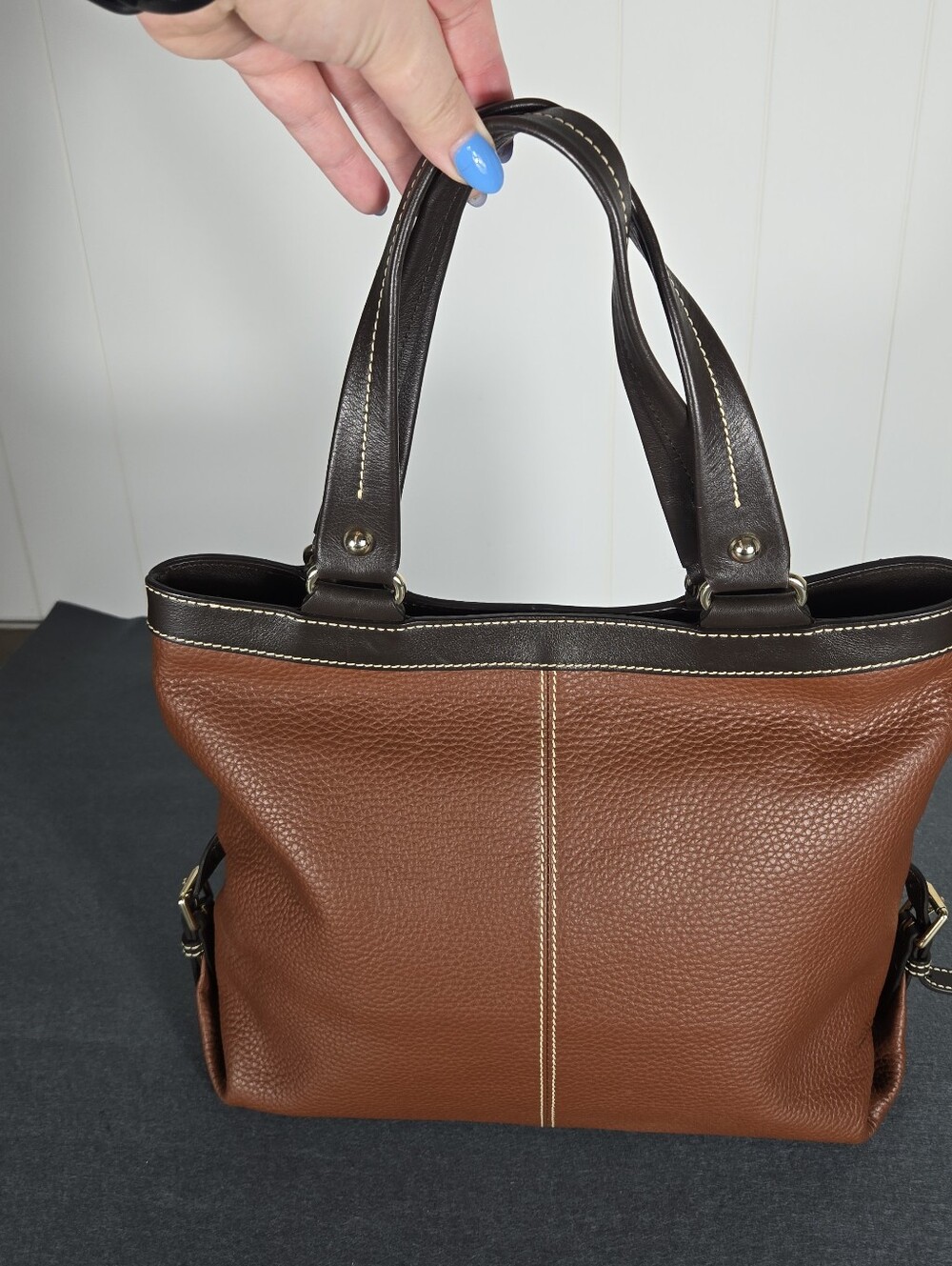 Dooney & Bourke Chestnut Brown Pebbled Leather Tote with Dark Trim - Picture 7 of 12